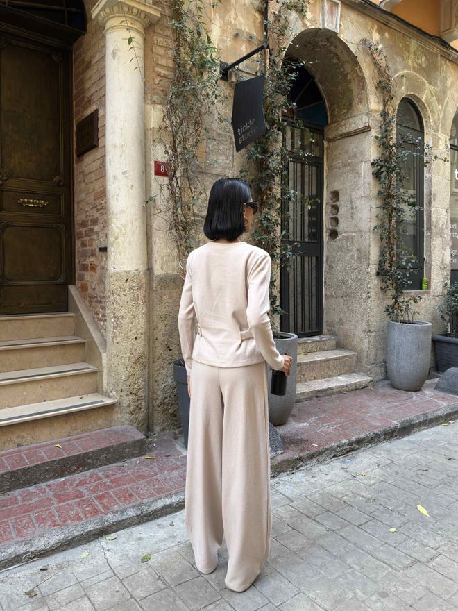 Miss Janell Súprava Béžová Casual Široké Nohavice Palazzo Veľkoobchod s oblečením Doma