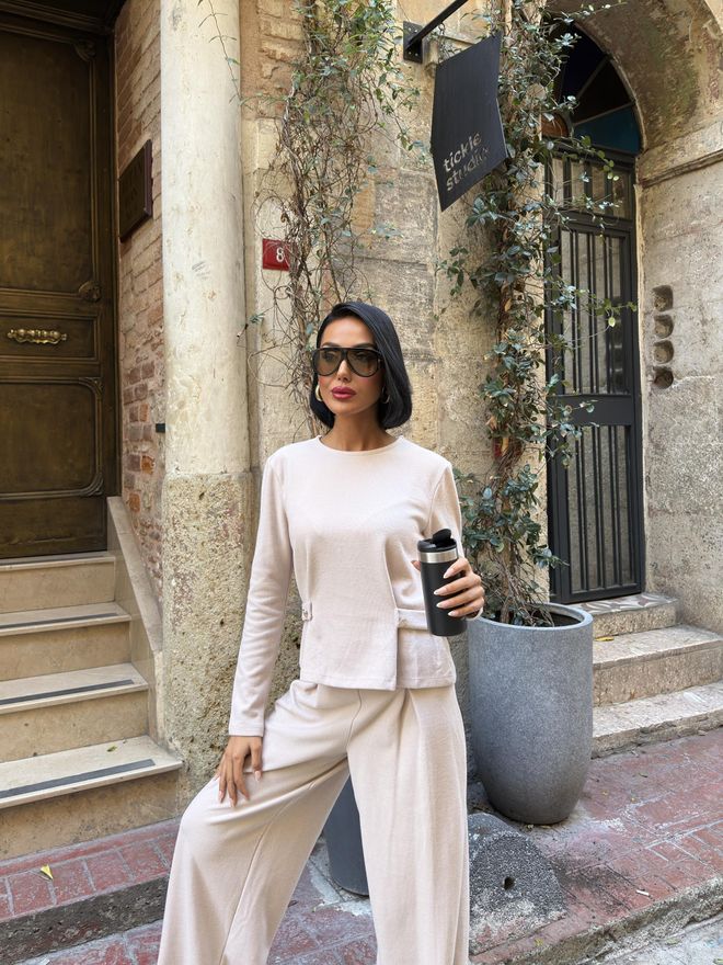 Miss Janell Súprava Béžová Casual Široké Nohavice Palazzo Veľkoobchod s oblečením Streetwear