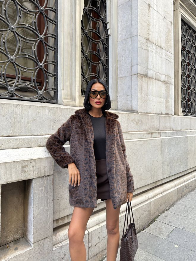 Miss Janell Καφέ Γούνινο Μονόπατο Σακάκι Με Animal Print Χονδρικό εμπόριο ενδυμάτων Casual