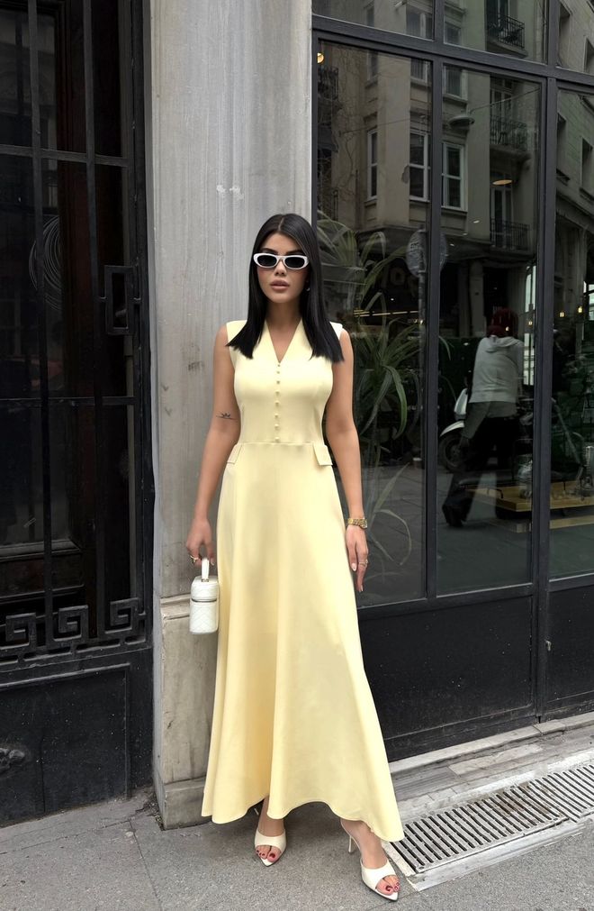 Miss Janell Vestito Giallo Elegante Formale Vintage Scollo A V Abbigliamento all'ingrosso Casuale