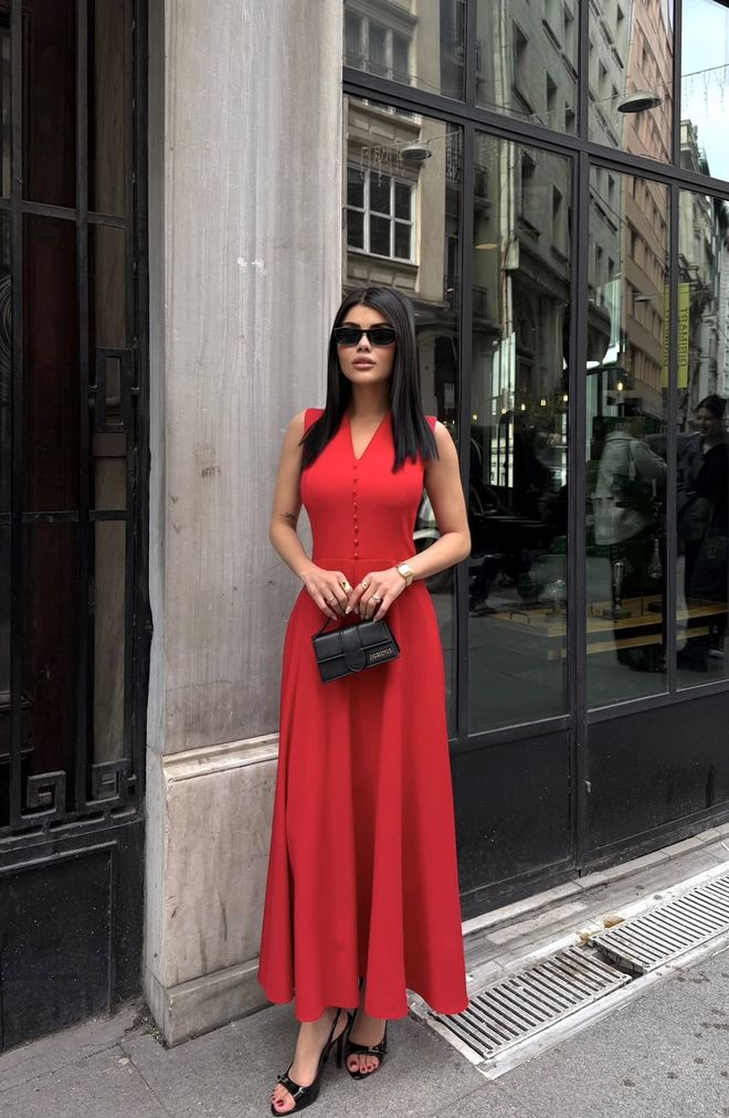 Miss Janell Elegantna Crvena Haljina A kroj S V izrezom Veleprodaja odjeće Sexy