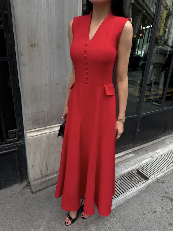 Miss Janell Елегантна Црвена Хаљина А линија Са В изрезом Велепродаја одеће 1