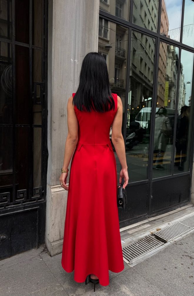 Miss Janell Елегантна Црвена Хаљина А линија Са В изрезом Велепродаја одеће 5