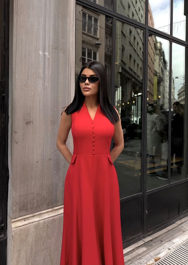Miss Janell Елегантна Црвена Хаљина А линија Са В изрезом Велепродаја одеће Пролеће