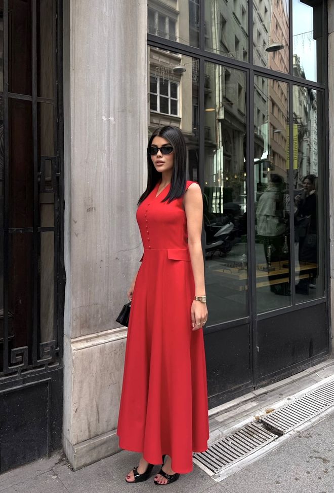 Miss Janell Елегантна Црвена Хаљина А линија Са В изрезом Велепродаја одеће Формални