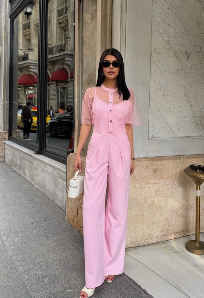 Miss Janell Pembe Ceket Düğmeli Ve Düz Kollu Tulum Toptan Giyim Gündelik