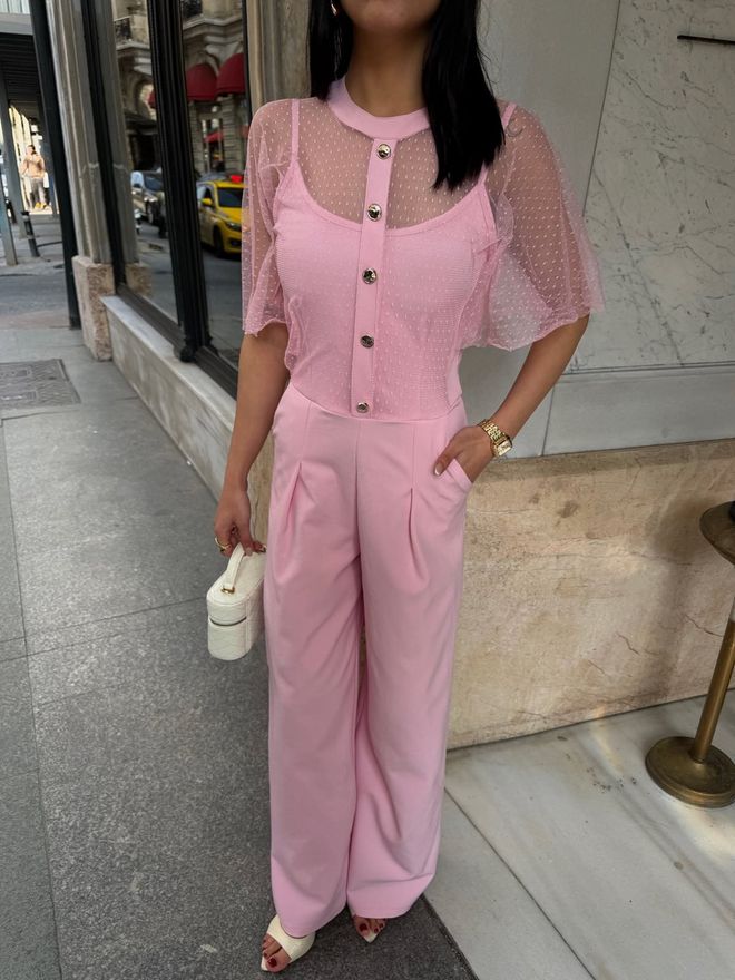 Miss Janell Pink Tailored Jumpsuit With Buttoned Closure Wholesale Clothing Formal