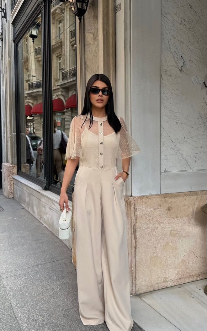 Miss Janell Beige Tailored Jumpsuit With Flutter Sleeves Wholesale Clothing 1