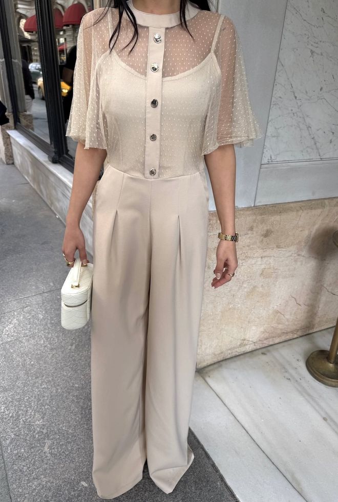 Miss Janell Beige Tailored Jumpsuit With Flutter Sleeves Wholesale Clothing Vintage