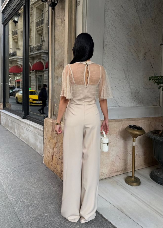 Miss Janell Beige Tailored Jumpsuit With Flutter Sleeves Wholesale Clothing Work