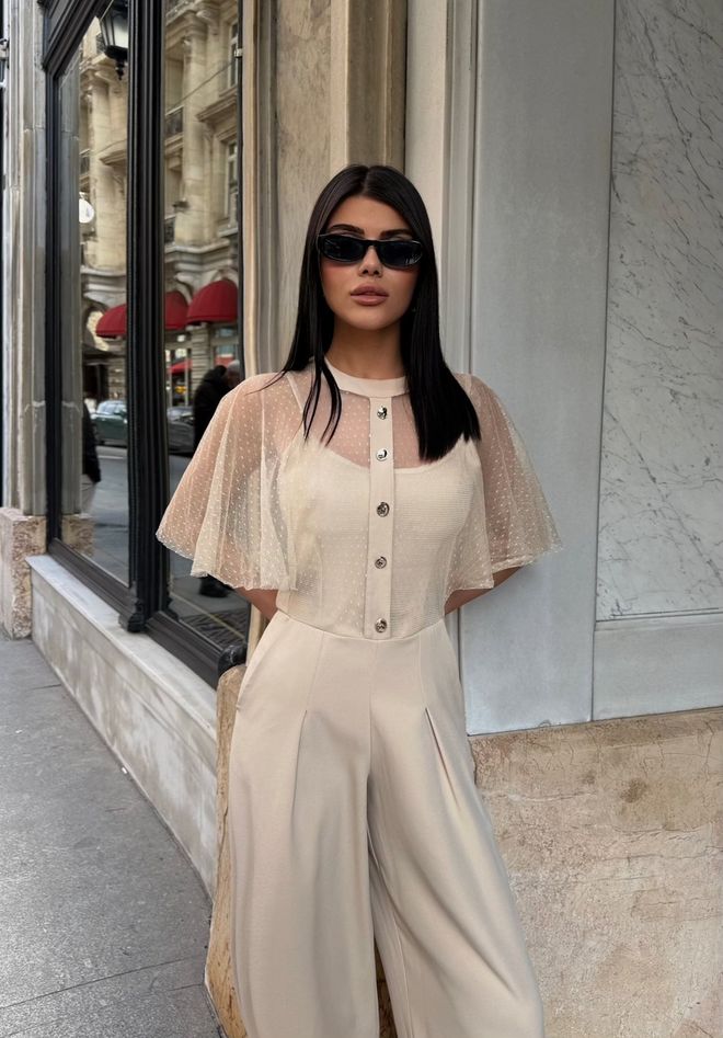 Miss Janell Beige Tailored Jumpsuit With Flutter Sleeves Wholesale Clothing Spring