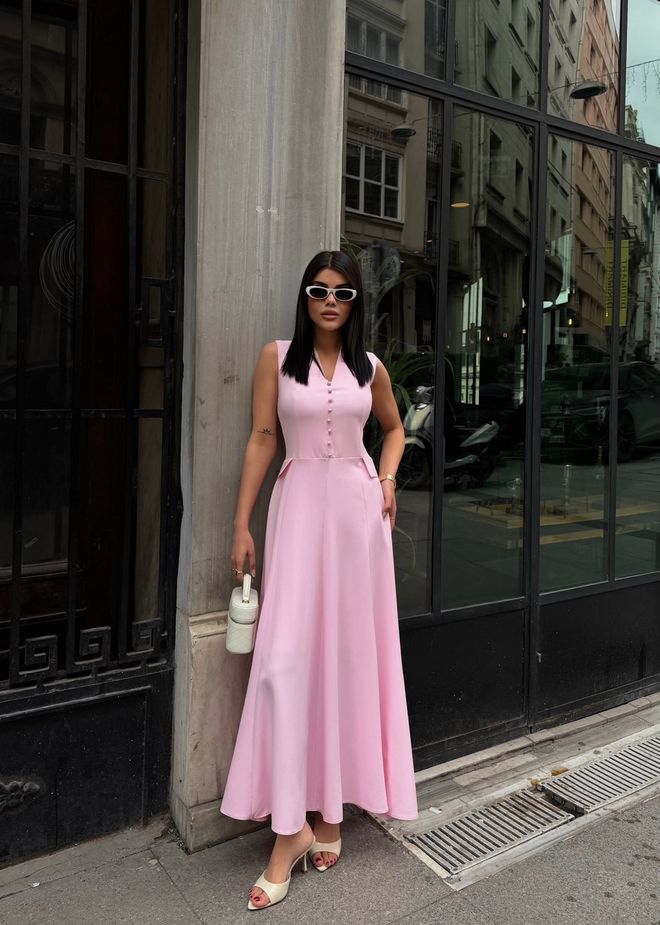 Miss Janell Rochie Roz Elegantă Tip A Cu Decolteu În V Și Mâneci Capac Îmbrăcăminte cu ridicata Vintage