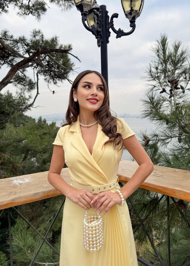 Miss Janell Elegant Yellow Wrap Dress With Notched Neck Wholesale Clothing Work