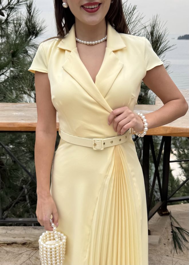 Miss Janell Elegant Yellow Wrap Dress With Notched Neck Wholesale Clothing Spring