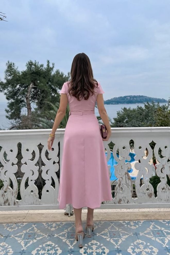 Miss Janell Elegant Pink Wrap Dress With Notched Neck Wholesale Clothing Formal