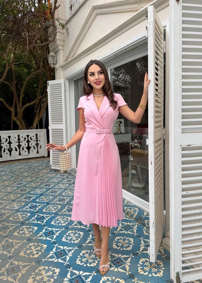 Miss Janell Elegant Pink Wrap Dress With Notched Neck Wholesale Clothing 1