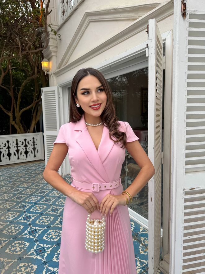 Miss Janell Elegant Pink Wrap Dress With Notched Neck Wholesale Clothing Work