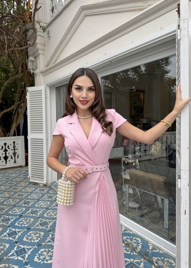 Miss Janell Elegant Pink Wrap Dress With Notched Neck Wholesale Clothing Spring