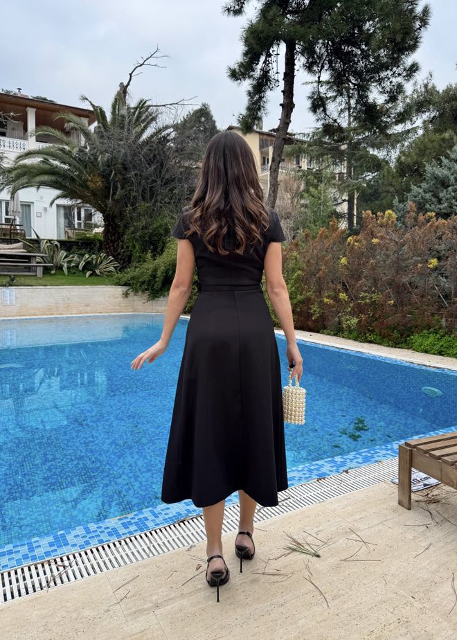 Miss Janell Elegant Black Wrap Dress With Cap Sleeves Wholesale Clothing 1