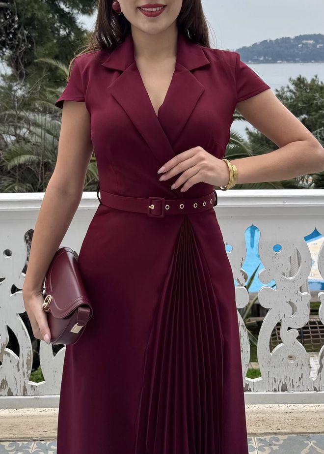 Miss Janell Claret Red Wrap Dress With Notched Neck Wholesale Clothing 5