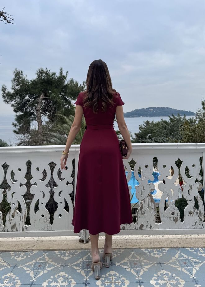 Miss Janell Claret Red Wrap Dress With Notched Neck Wholesale Clothing Vintage