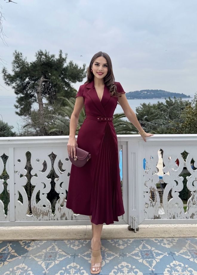 Miss Janell Claret Red Wrap Dress With Notched Neck Wholesale Clothing Spring