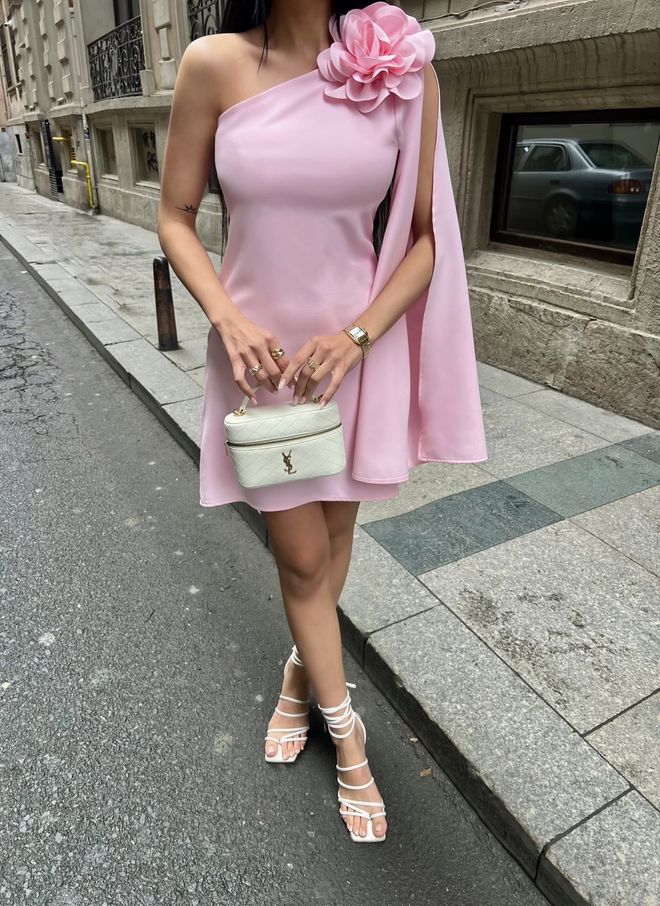 Miss Janell Elegant Pink Mini Shift Dress With Cape Sleeves Wholesale Clothing 1