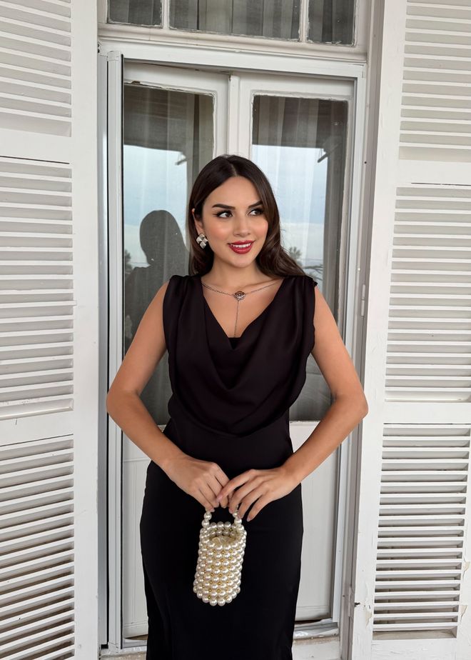 Miss Janell Black Elegant Slip Dress With Cowl Neck Maxi Wholesale Clothing Formal