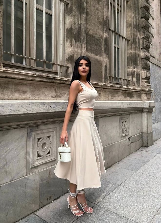 Miss Janell Beige A Line Midi Skirt High Waist Elegant Casual Wholesale Clothing Elegant