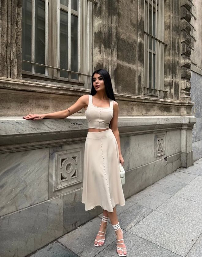 Miss Janell Beige A Line Midi Skirt High Waist Elegant Casual Wholesale Clothing Casual