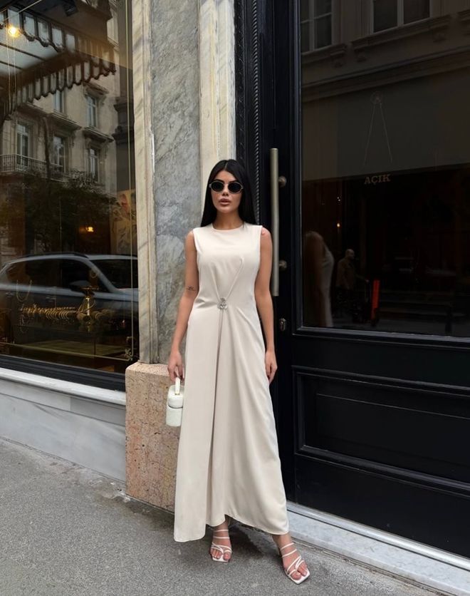 Miss Janell Beige Elegant Slip Dress With Cap Sleeves Wholesale Clothing Formal