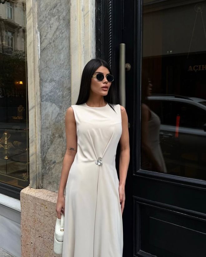 Miss Janell Beige Elegant Slip Dress With Cap Sleeves Wholesale Clothing Spring