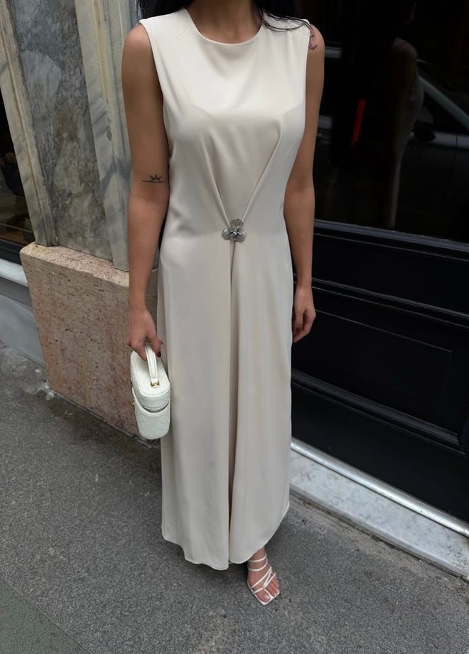 Miss Janell Beige Elegant Slip Dress With Cap Sleeves Wholesale Clothing 1