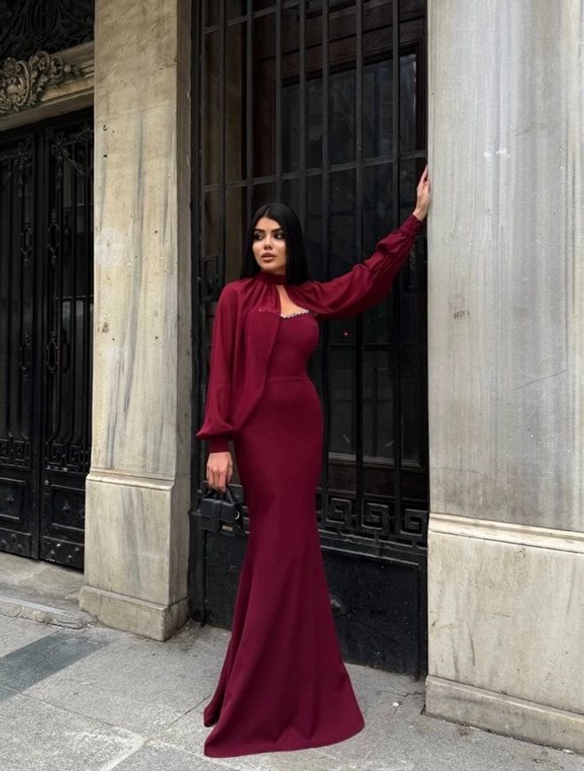 Miss Janell Елегантна Бордо Црвена Хаљина Омотач Са Високим Изрезом Велепродаја одеће Секси