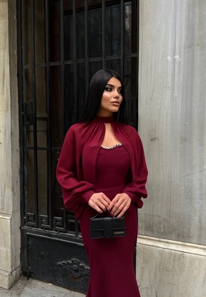 Miss Janell Claret Red Elegant Sheath Dress With High Neck Wholesale Clothing 1