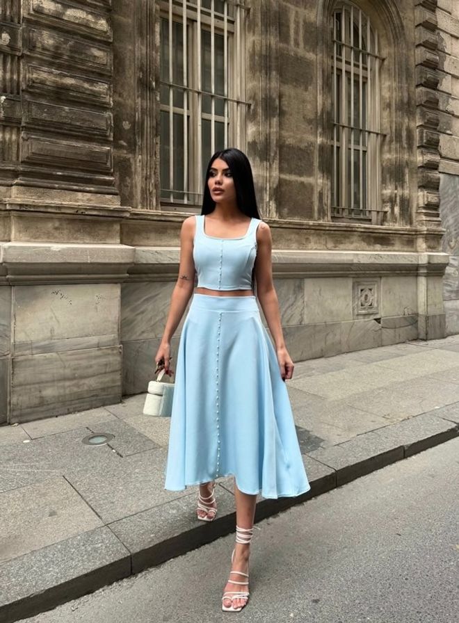 Miss Janell Blue Elegant High Waist Flared Midi Skirt Wholesale Clothing Casual