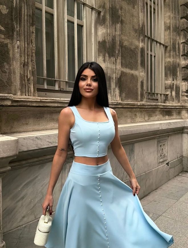 Miss Janell Blue Elegant High Waist Flared Midi Skirt Wholesale Clothing Work