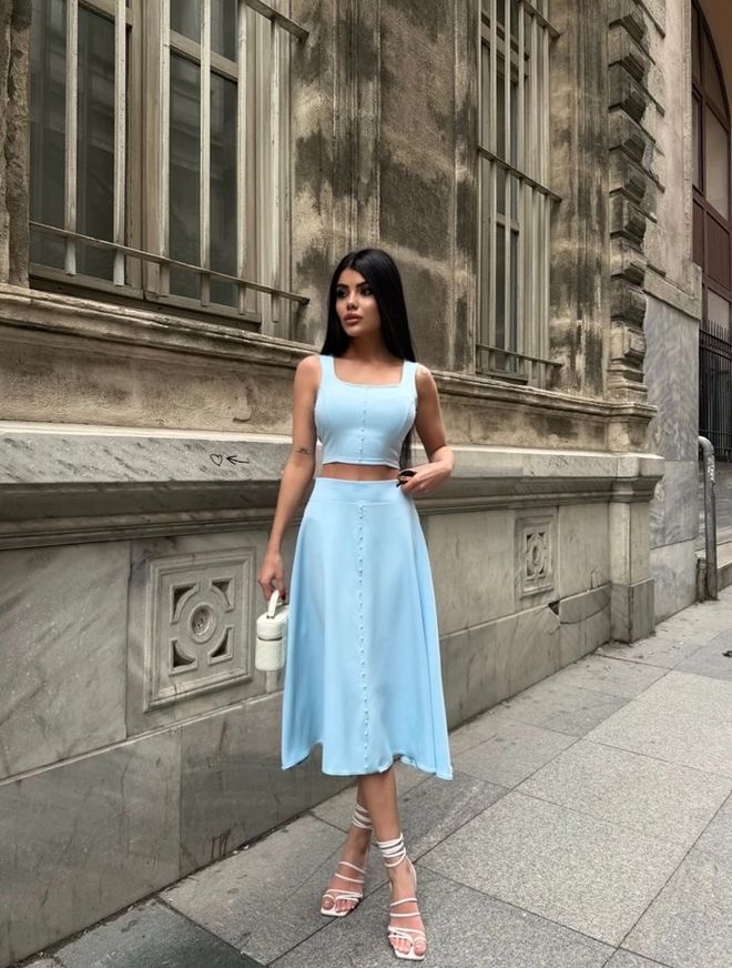 Miss Janell Blue Elegant High Waist Flared Midi Skirt Wholesale Clothing Sexy