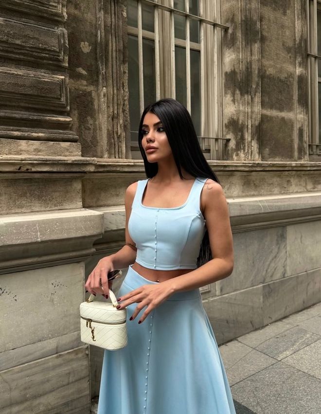 Miss Janell Blue Elegant High Waist Flared Midi Skirt Wholesale Clothing Spring