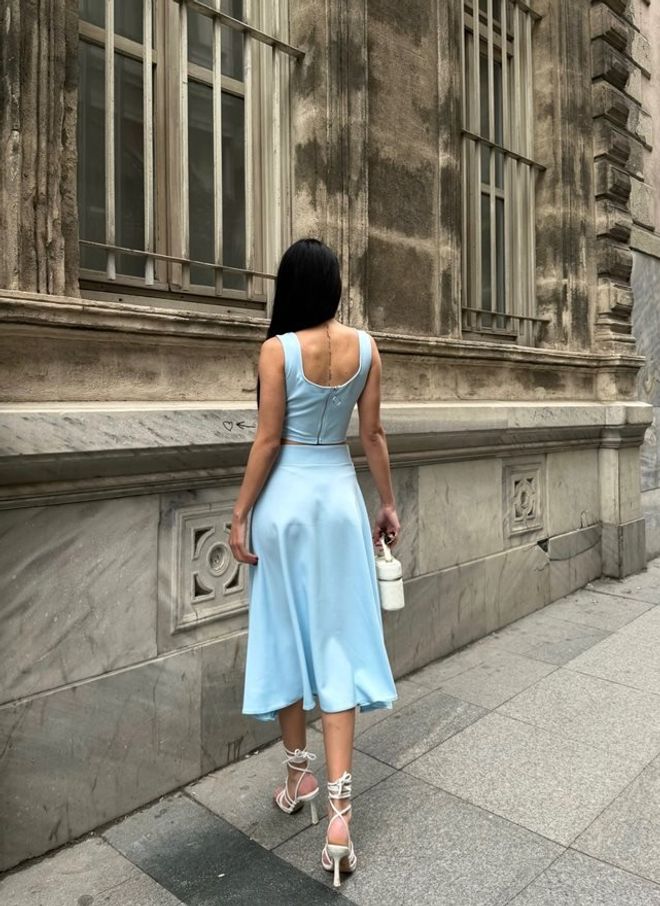 Miss Janell Blue Elegant High Waist Flared Midi Skirt Wholesale Clothing 1