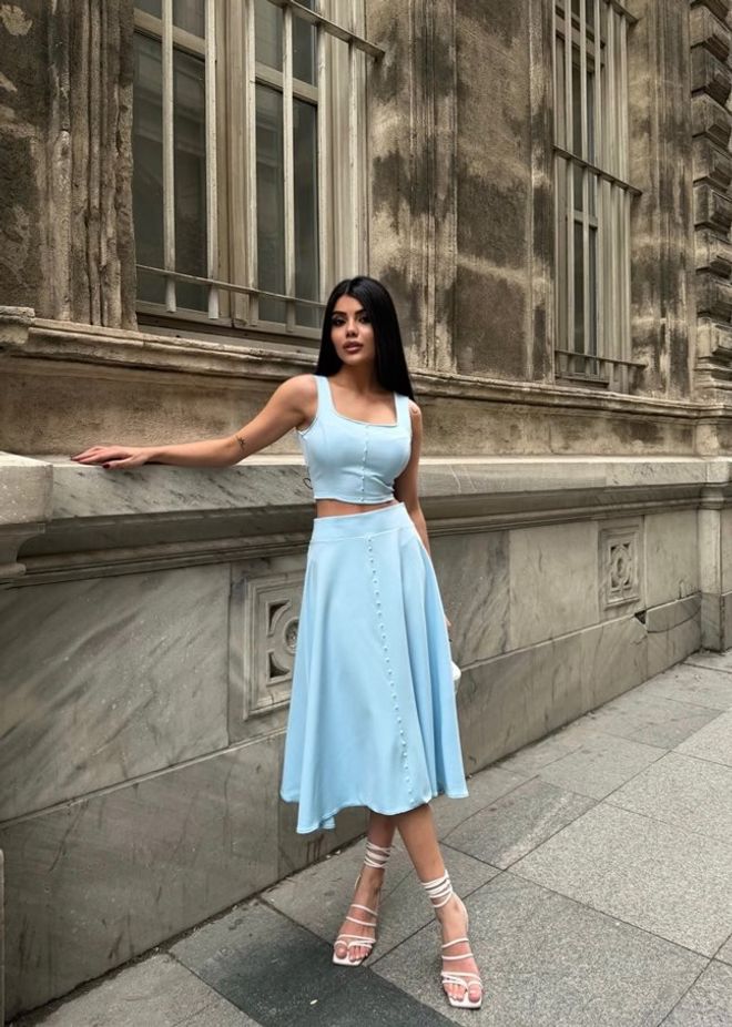 Miss Janell Blue Elegant High Waist Flared Midi Skirt Wholesale Clothing 5