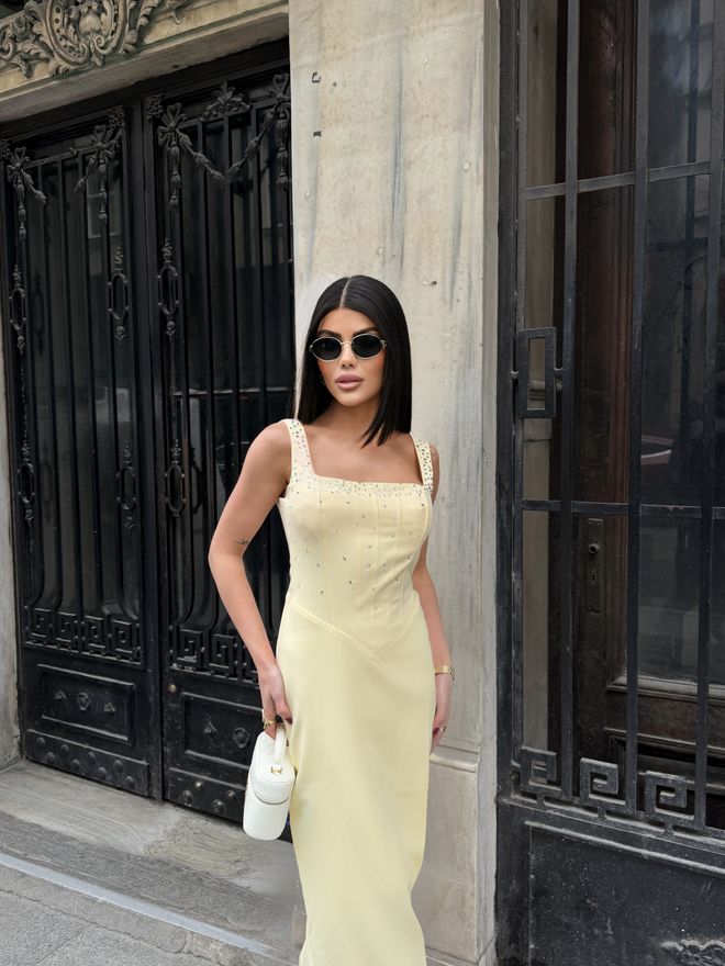 Miss Janell Elegant Yellow Slip Dress With Square Neck Wholesale Clothing Formal