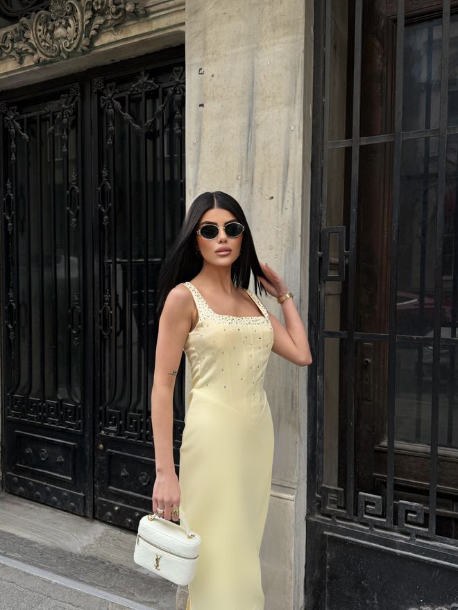 Miss Janell Elegant Yellow Slip Dress With Square Neck Wholesale Clothing Wedding