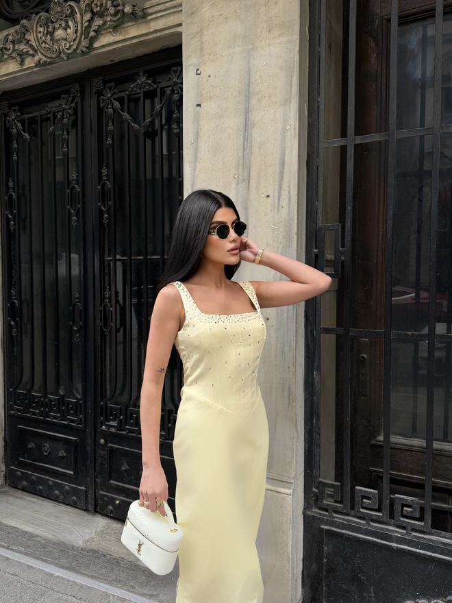 Miss Janell Elegant Yellow Slip Dress With Square Neck Wholesale Clothing 5