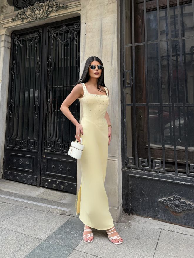 Miss Janell Elegant Yellow Slip Dress With Square Neck Wholesale Clothing Spring