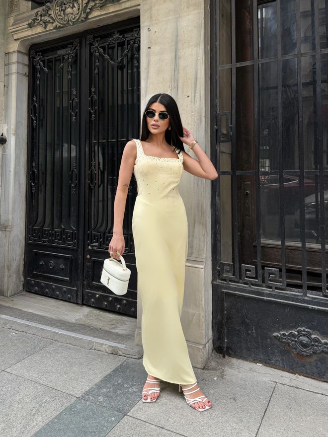 Miss Janell Elegant Yellow Slip Dress With Square Neck Wholesale Clothing 1