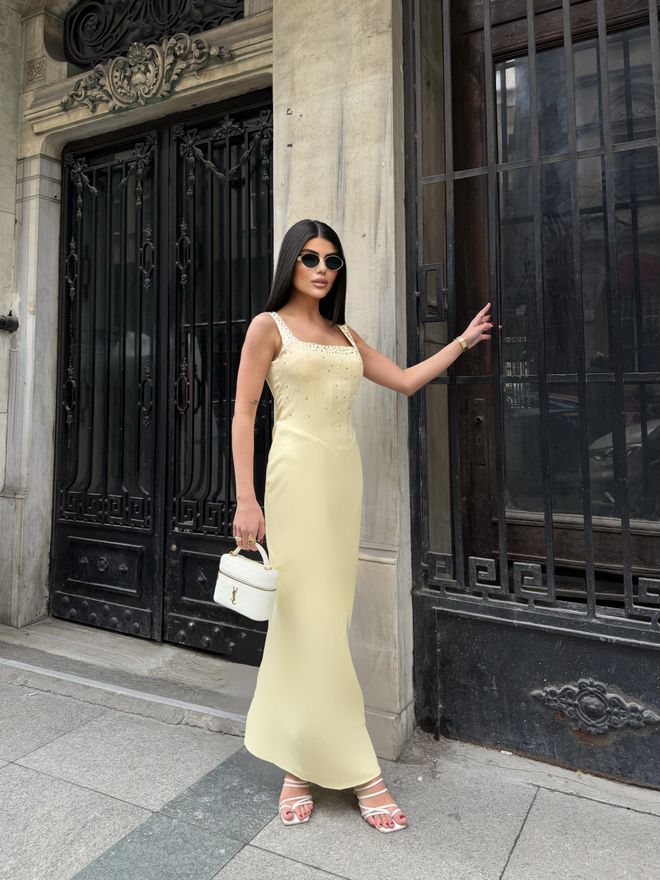 Miss Janell Elegant Yellow Slip Dress With Square Neck Wholesale Clothing Cocktail