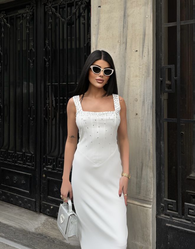 Miss Janell Elegant White Slip Dress With Square Neck Wholesale Clothing 5