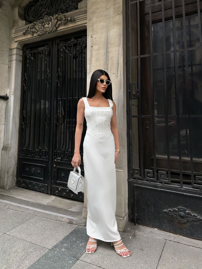 Miss Janell Elegant White Slip Dress With Square Neck Wholesale Clothing Cocktail