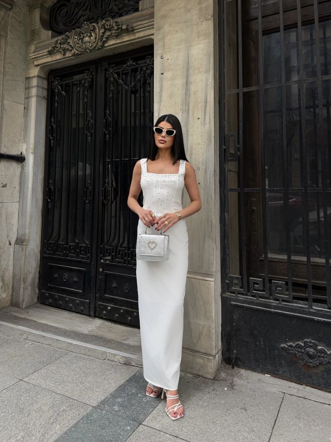 Miss Janell Elegant White Slip Dress With Square Neck Wholesale Clothing 1